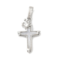 Платина Подвески из латуни с натуральными белыми ракушками, корона религия крест амулеты, долговечный, без свинца и без кадмия, стойки покрытие, платина, 21x12.5x3 мм, отверстие : 3.5x6 мм