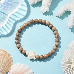 Floral White Beach Tortoise Synthetic Turquoise Bracelets, 6mm Wood Round Beaded Stretch Bracelets for Women, Floral White, Inner Diameter: 2-1/8 inch(5.38cm), Bead: 6mm