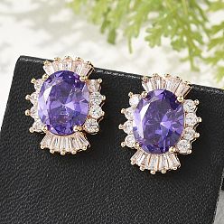 Сине-фиолетовый Овальные серьги-гвоздики из латуни с микропаве из кубического циркония для женщин, без кадмия и без свинца, долговечный, стойки покрытие, золотые, синий фиолетовый, 15.5x12.5 мм