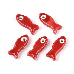 Красный Ручной фарфоровые керамические шарики, рыба, яркие глазированный фарфор, красные, 24~25x10x6 мм, отверстие : 2 мм