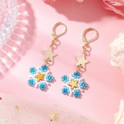 Темно-Голубой Латунные стеклянные бусины цветы серьги-гвоздики, золотые, глубокое синее небо, 58x20 мм