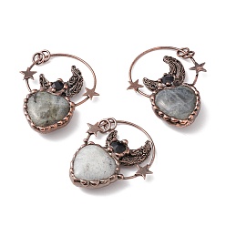 Лабрадорита Натуральный лабрадорита большие подвески, с фурнитурой из латуни оттенка красной меди и черным стеклом, сердце с луной и звездой, без кадмия и без свинца, 65.5~68x50~55x11.5~15 мм, отверстие : 6 мм