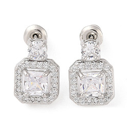 Прозрачный Серьги-гвоздики из латуни с микропаве из кубического циркония, долговечный, квадратный, платина, прозрачные, 13.5x9.5 мм