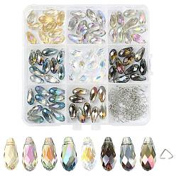 Gemischte Farbe 80pcs 8 Farben galvanisieren transparente Glasperlen, facettiert, Träne, oben gebohrt, mit 100 Stück Messing-Dreiecksverbindungsring, Gemischte Farbe, 13x7x7 mm, Bohrung: 1 mm