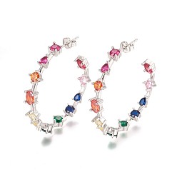 Платина Латунь кубического циркония серьги стержня, серьги-кольца, кольцо, красочный, платина, 5.5x39.5 мм, штифты : 0.8 мм