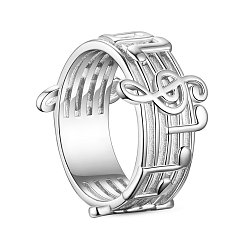 Platinum Rhodium Plated 925 Sterling Silver Finger Ring, Wide Band Rings, Musical Notes, Size 9, Platinum, 19mm
