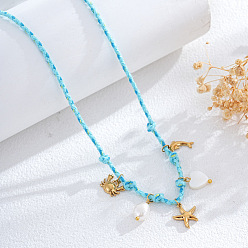 Голубой Летние пляжные плетеные веревочные ожерелья-нагрудники, Подвески из нержавеющей стали в виде морской звезды, краба, дельфина и искусственного жемчуга., золотые, голубой, 29.92 дюйм (76 см)