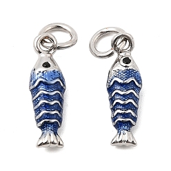 Синий Латунные микро проложить кубического циркония подвески, с эмалью, очарование рыбы, без свинца и без кадмия, долговечный, стойки покрытие, платина, синие, 15x5x4 мм, Перейти кольцо: 5x1 мм, внутренний диаметр: 3 мм