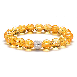 Citrine Natural Citrine Round Beaded Stretch Bracelets, 925 Sterling Silver Flower Bracelet, Beads: 10mm, 7-1/4~7-1/2 inch(18.5~19cm)