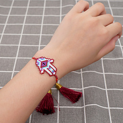 Красный Браслеты из стеклянных бусинок, плетеные браслеты из бисера для женщин, Хамса руку с дурным глазом, красные, внутренний диаметр: 11 дюйм (28 см)