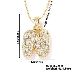 Letter N Элегантные латунные микропаве прозрачные кубические цирконии 3d начальные ожерелья, идеальный подарок для нее, золотые, Письмо N, 15.75 дюйм (40 см)