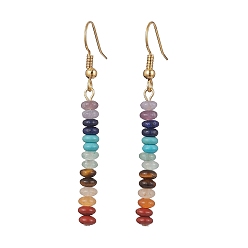 Golden Natural & Synthetic Mixed Gemstone Rondelle Beaded Dangle Earrings, Chakra Theme Long Drop Earrings, Golden, 53x4.5mm