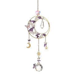 Amatista Atrapasueños de anillo de amatista natural y latón con dije de sol, luna y estrella de acero inoxidable., Prisma redondo de cristal para colgar en la ventana, ideal para la decoración del hogar y el jardín., 304 mm