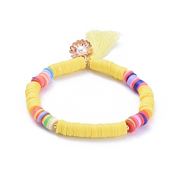 Yellow Handmade Polymer Clay Heishi Beads Stretch Bracelets, with Cotton Thread Tassel Pendants and Alloy Charms, Shell with Pearl Shape, Yellow, 2-1/8 inch(5.5cm)