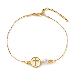Cross Браслеты из латуни и круглых бусин с имитацией жемчуга, ювелирные изделия из латуни с эмалью для женщин, плоско-круглые, крестик, 6.30 дюйм (16 см)