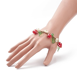 Colorful Plastic Imitation Pearl Flower & Acrylic Leaf & Lampwork Strawberry Charms Bracelet, 304 Stainless Steel Jewelry for Women, Colorful, 7-3/4 inch(19.5cm)