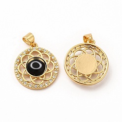 Black Rack Plating Brass Micro Pave Clear Cubic Zirconia Pendants, with Handmade Evil Eye Lampwork, Cadmium Free & Lead Free, Long-Lasting Real 18K Gold Plated, Flat Round with Flower Charm, Black, 21.5x19x4.5mm, Hole: 4.5x3.5mm