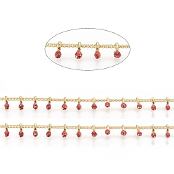 Red Brass Handmade Beaded Chain, Curb Chains, Cadmium Free & Lead Free, with Enamel, Long-Lasting Plated, Real 18K Gold Plated Unwelded, with Spool, Red, 2x1.5x0.8mm, Charm: 6x2x2mm, about 32.8 Feet(10m)/roll