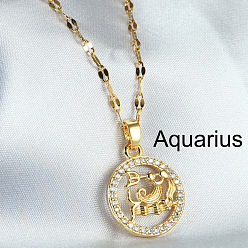 Водолей Двенадцать созвездий сплава хрустальные стразы подвески ожерелья для женщин, золотые, Водолей, 17.72 дюйм (45 см)