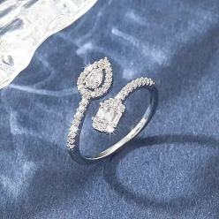 Platinum Brass Micro Pave Cubic Zirconia Teardrop & Rectangle Cuff Open Rings for Women, Platinum, 17mm