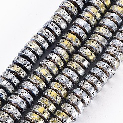 Light Yellow Electroplated Natural Lava Rock Beads Strands, Flat Round/Disc, Heishi Beads, Bumpy, Light Yellow, 8.5x4mm, Hole: 1mm, about 104~105pcs/strand, 15.75 inch~15.94 inch(40cm~40.5cm)