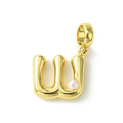 Letter W Покрытие стойки латунь с АБС-пластиком жемчуг европейские подвески, Подвески с большими отверстиями, долговечный, без свинца и без кадмия, реальный 18 k позолоченный, Буква W, 21 мм длиной, отверстие : 5 мм, Кулон : 13x14x5 мм