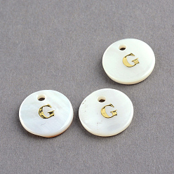 Letter G Подвески из пресноводных оболочек, плоский круглый с золотой буквенной буквой.g., 11.5x2 мм, отверстие : 1.5 мм