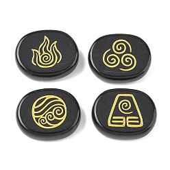 Обсидиан 4шт 4 стили натуральный обсидиан дисплей украшения, фигурка для украшения дома, энергетический камень рейки для исцеления, овал с символами воздуха, пожар, элементы воды и почвы, 25x20x7~7.5 мм, 1 шт / стиль