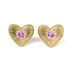 Golden Heart 304 Stainless Steel Pearl Pink Cubic Zirconia Stud Earring for Women, Golden, 19.5x22.5mm