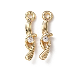 Golden Brass Micro Pave Cubic Zirconia Charms, Long-Lasting Plated, Rack Plating, Twist Charms, Golden, 14.5x3.5x2.5mm, Hole: 1.2mm