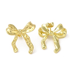 Golden Brass Stud Earrings, with Clear Cubic Zirconia for Women, Bowknot, Golden, 27x24mm