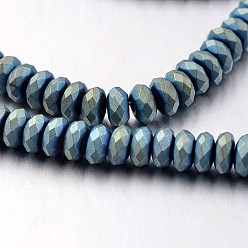 Зеленое Покрытие Гальванизировать немагнитных синтетический гематит нитей бисера, матовые, рондель, зеленый покрытием, 4x2 мм, отверстие : 1 мм, около 177 шт / нитка, 15.7 дюйм