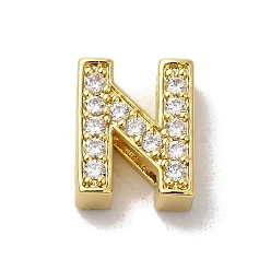 Letter N Латунные микро проложить кубического циркония бусы, без свинца и без кадмия, долговечный, реальный 18 k позолоченный, Письмо N, 12x10x5 мм, отверстие : 8.5x2 мм