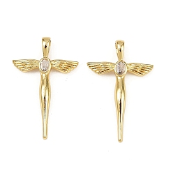 Настоящее золото 18K Латунные микро проложить кубического циркония подвески, подвески крест и крыло, без кадмия и без свинца, стойки покрытие, долговечный, реальный 18 k позолоченный, 30x19.5x3.5 мм, отверстие : 4.5x2.5 мм