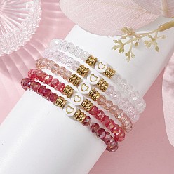 Brique Rouge 5 Ensemble de bracelets extensibles en perles de verre, de laiton et d'acrylique, bracelets empilables coeur, firebrick, diamètre intérieur: 2-1/8 pouce (5.4 cm)