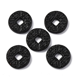 Черный Киноварь бисера, резные лакированные, монета с цветком, чёрные, 37x6 мм, отверстие : 1.6 мм