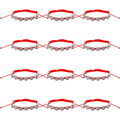 Rouge 12Bracelets ovales en alliage avec perles de Saint-Benoît et croix, Bracelets ajustables en cordon ciré tressé à perles pour hommes et femmes, rouge, diamètre intérieur: 2~3-3/8 pouce (5~8.7 cm)