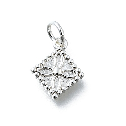 Платина Латунные подвески, ромб с цветочными подвесками, долговечный, без свинца и без кадмия, стойки покрытие, с целью перехода в кольце, платина, 12x10x2 мм, отверстие : 3 мм