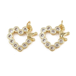 Настоящее золото 16K Латунные микропаве прозрачные подвески с фианитом, сердце, с целью перехода в кольце, реальный 16 k позолоченный, 17.5x19x2.5 мм, отверстие : 3.4 мм
