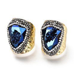 Темно-Синий Натуральные друзы агатовые манжеты, широкая полоса кольца, открытые кольца, с полимерной глины горный хрусталь и золотые металлизированные выводы из латуни, чеканный, граненые, темно-синий, размер США 8~8 1/2 (18~18.5 мм)