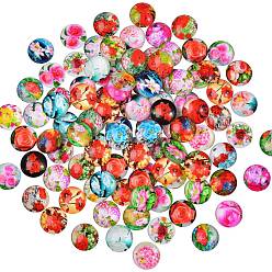 Mixed Color 100Pcs Flower Printed Glass Cabochons, Half Round/Dome, Mixed Color, 20x6mm