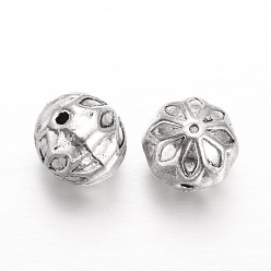 Antique Silver Round Alloy Beads, with Flower Pattern, Antique Silver, 10mm, Hole: 1mm