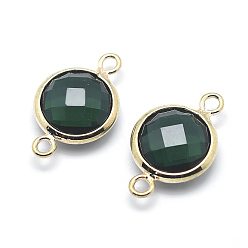 Dark Green Brass Links connectors, with Faceted Glass, Flat Round, Lead Free & Cadmium Free, Golden, Dark Green, 14x9x3.5mm, Hole: 1mm