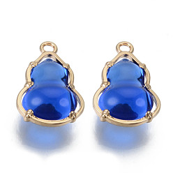 Blue Glass Pendants, with Alloy Open Back Settings, Cadmium Free & Nickel Free & Lead Free, Gourd, Light Gold, Blue, 18.5x11.5x7mm, Hole: 1.6mm