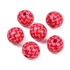 Темно-Розовый Рождественские печатные европейские бусины из дерева схима, круглые, темно-розовыми, 16 мм, отверстие : 4 мм