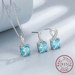 Светло-Голубой Квадратные родиевые 925 подвески из стерлингового серебра с паве из кубического циркония и комплекты серег-гвоздиков для женщин, платина, Небесно-голубой, 400 мм