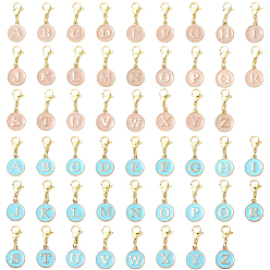 (52) Непрозрачная лаванда 52 шт. 2 цвета плоские круглые с буквой a~z сплав эмалированные подвесные украшения, 304 подвески-застежки-лобстеры из нержавеющей стали для украшений сумок, с 1кольцами-подвесками из латуни для бокалов из поликарбоната, разноцветные, 28 мм