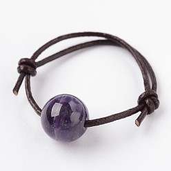 Аметист Регулируемые кольца перста природный аметист, с коровьей кожаный шнур, 18 мм