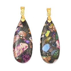 Золотой Окрашенный натуральный регалит / имперская яшма / подвески из яшмы с морскими осадками, красочные подвески в форме капли с латунными защелками, золотые, 35x15x6.5 мм, отверстие : 3.5x4 мм