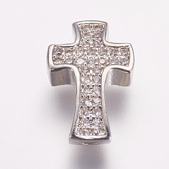 Platinum Brass Micro Pave Cubic Zirconia Beads, Cross, Platinum, 14x9x4mm, Hole: 1.5mm